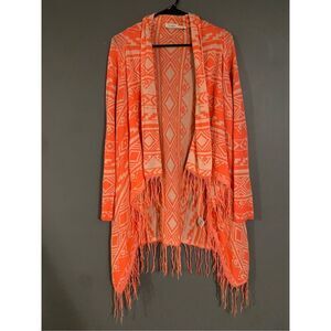 BLU PEPPER Neon Coral Knit Aztec Fringe Cardigan Size Medium